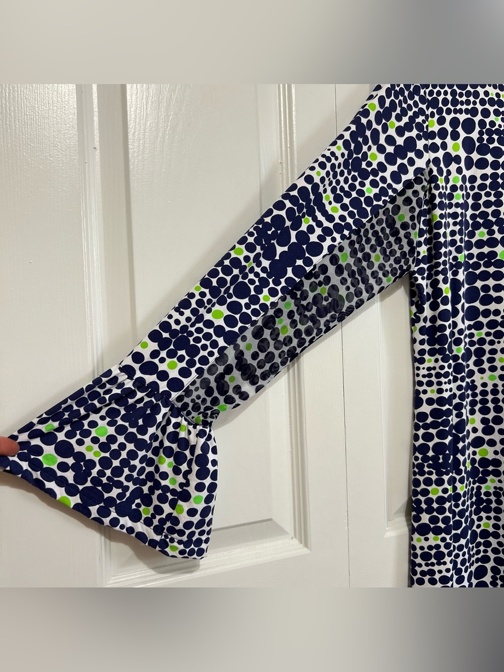 Ibkul Navy & Lime Dot Print Long Bell Sleeve Shift Dress Size XL - Picture 7 of 13